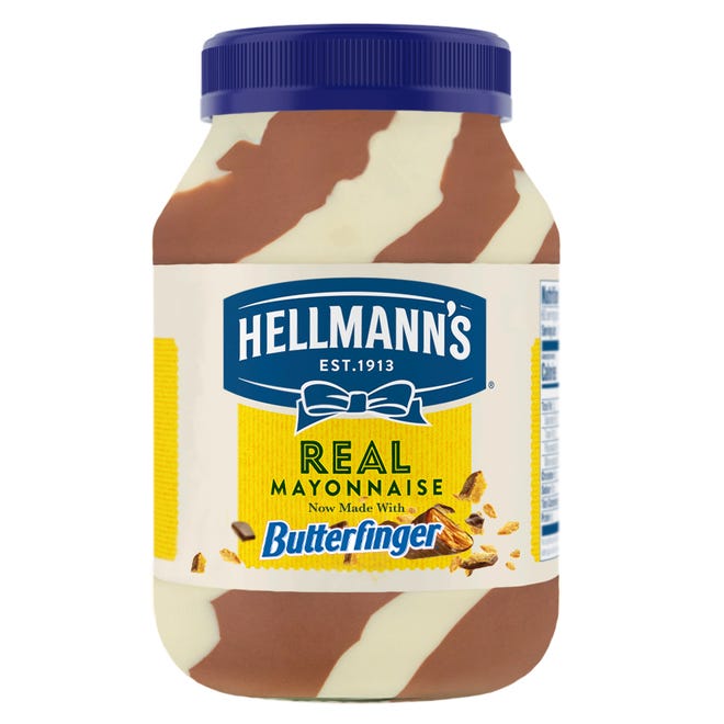 Among the 2022 April Fools' Day pranks: The product announcement of Hellmann's Mayonnaise Made with Butterfinger, a dessert sandwich spread.