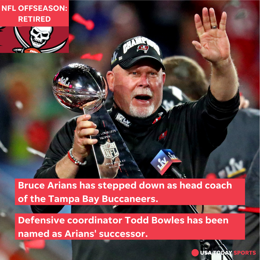 Bruce Arians celebrates with the Vince Lombardi Trophy after the Tampa Bay Buccaneers beat the Kansas City Chiefs in Super Bowl LV at Raymond James Stadium in Tampa, Florida, on Feb. 7, 2021.