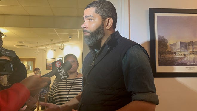 Jackson Mayor Chokwe Antar Lumumba speaks about garbage collection on Friday, April 1, 2022, after the Jackson City Council meeting. He said Richard's Disposal Inc. is out collecting garbage starting today under an emergency contract, which he said is valid.