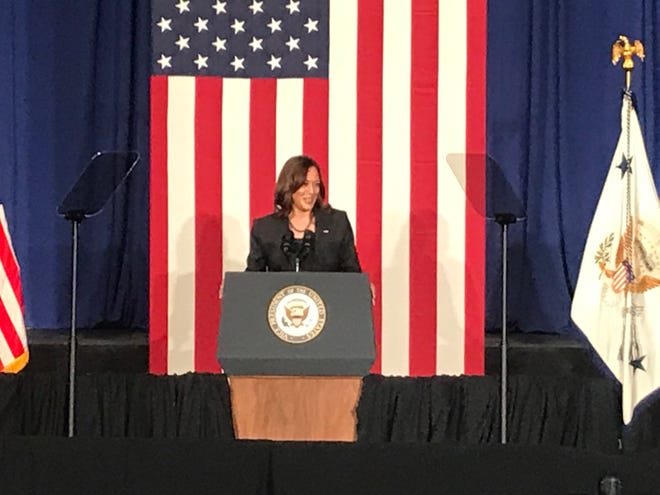 Vice President Kamala Harris speaks at the EE Bass Cultural Arts Center in Greenville, Mississippi on Friday, April 1, 2020.