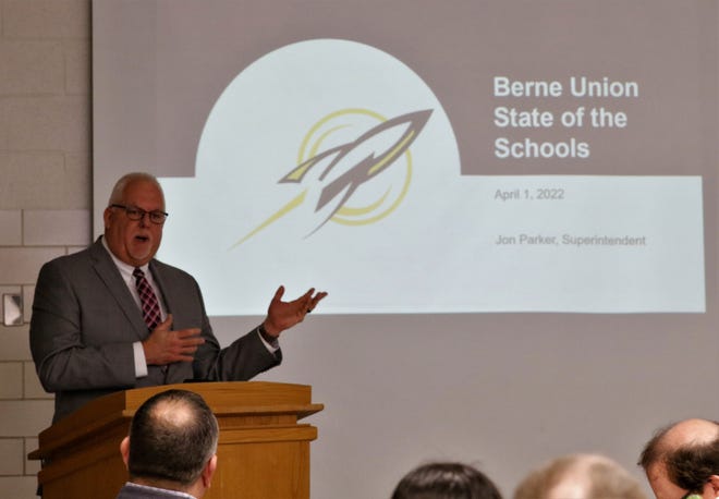 Jon Parker, Berne Union Local Schools Superintendent, speaks during the Lancaster Fairfield County Chamber Commerce's State of the Schools April 1. He discussed students' opportunities after high school and the district's new building.
