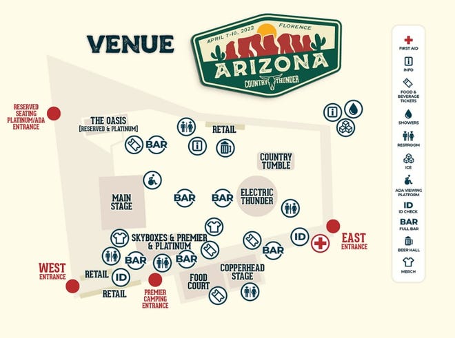 This map shows the important locations at the Country Thunder 2022 venue.