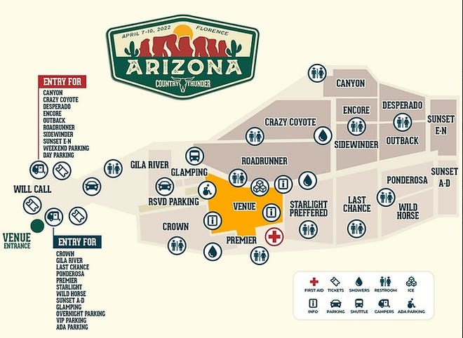 This map shows parking and camping locations at the Country Thunder 2022 venue.