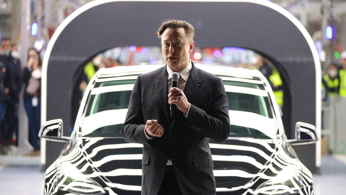 Tesla CEO Elon Musk speaks during the official opening of the new Tesla electric car manufacturing plant on March 22, 2022 near Gruenheide, Germany. The new plant, officially called the Gigafactory Berlin-Brandenburg, is producing the Model Y as well as electric car batteries.