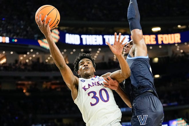 Kansas guard Ochai Agbaji takes a shot during the Jayhawks' Final Four game against Villanova during the NCAA tournament on April 2, 2022, in New Orleans.