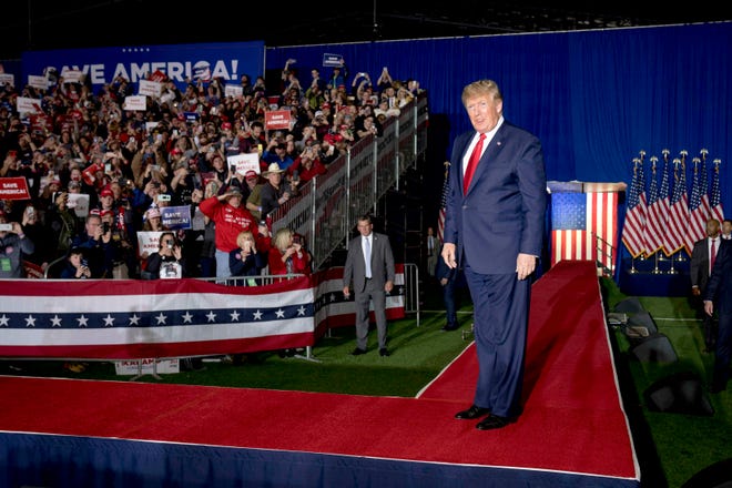 Former President Donald J. Trump is introduced during the Save America Rally at Michigan Stars Sport Center in Washington Township, Mich. on April 2, 2022.