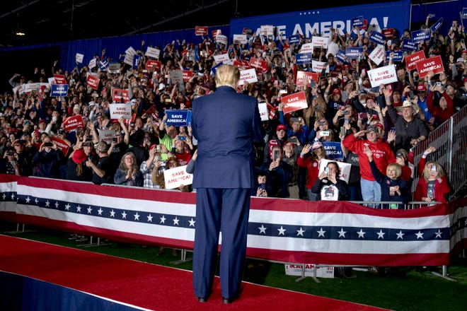Former President Donald J. Trump addresses the crowd during the Save America Rally at Michigan Stars Sport Center in Washington Township, Mich. on April 2, 2022.