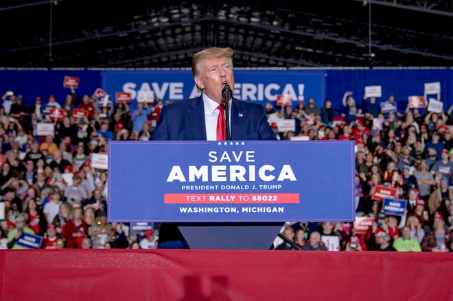 Former President Donald J. Trump speaks during the Save America Rally at Michigan Stars Sport Center in Washington Township, Mich. on April 2, 2022.