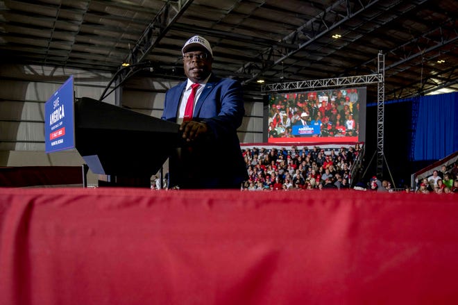 John Gibbs, candidate for U.S. Representative from Michigan’s 3rd District and Former Acting Assistant Secretary of Housing and Urban Development, speaks during the Save America Rally at Michigan Stars Sport Center in Washington Township, Mich. on April 2, 2022.
