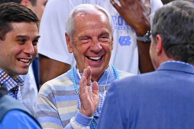 Former Tar Heels coach Roy Williams smiles before the game against the Blue Devils during the 2022 NCAA Tournament Final Four.