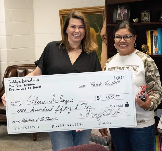 Gloria Salazar was recognized as one of two Brownwood High School employees of the month.