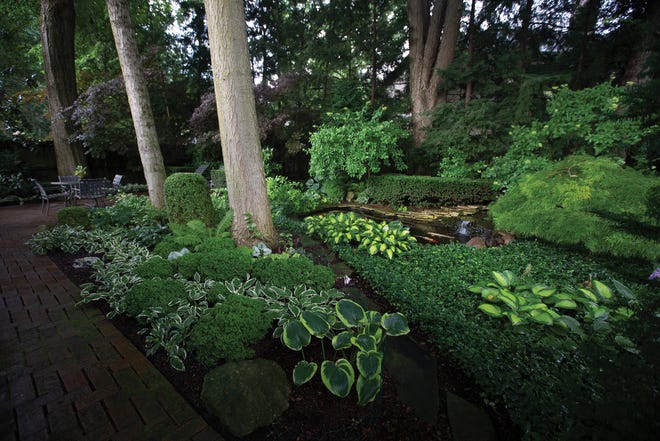 A koi pond, hostas and other elements highlight this shade garden in Sessions Village
