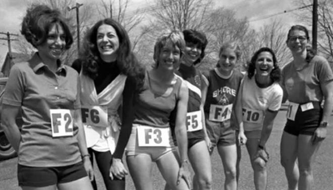 Seven of the eight women who ran in the 1972 Boston Marathon.  All eight finished.  From left, Nina Kuscsik, Kathrine Switzer, Elaine Pedersen, Ginny Collins, Pat Barrett, Frances Morrison and Sara Mae Berman.  Not pictured: Valerie Rogosheske.