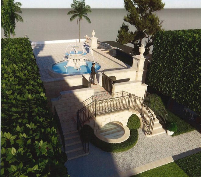 The addition of steps to the south side of the historic Mizner Memorial Fountain, as shown in this rendering, will improve the aesthetic appearance of the Memorial Fountain Park on the north side of the fountain and connect it to the Plaza de la south side town, developers say.