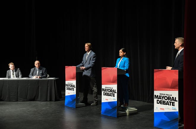 Mayoral candidates David Zokaites and Taneeza Islam and Mayor Paul TenHaken participate in a debate ahead of the election, moderated by Argus Leader's Trevor Mitchell and Dakota News Now's Brian Allen on Monday, April 4, 2022, at the Washington Pavilion in Sioux Falls.