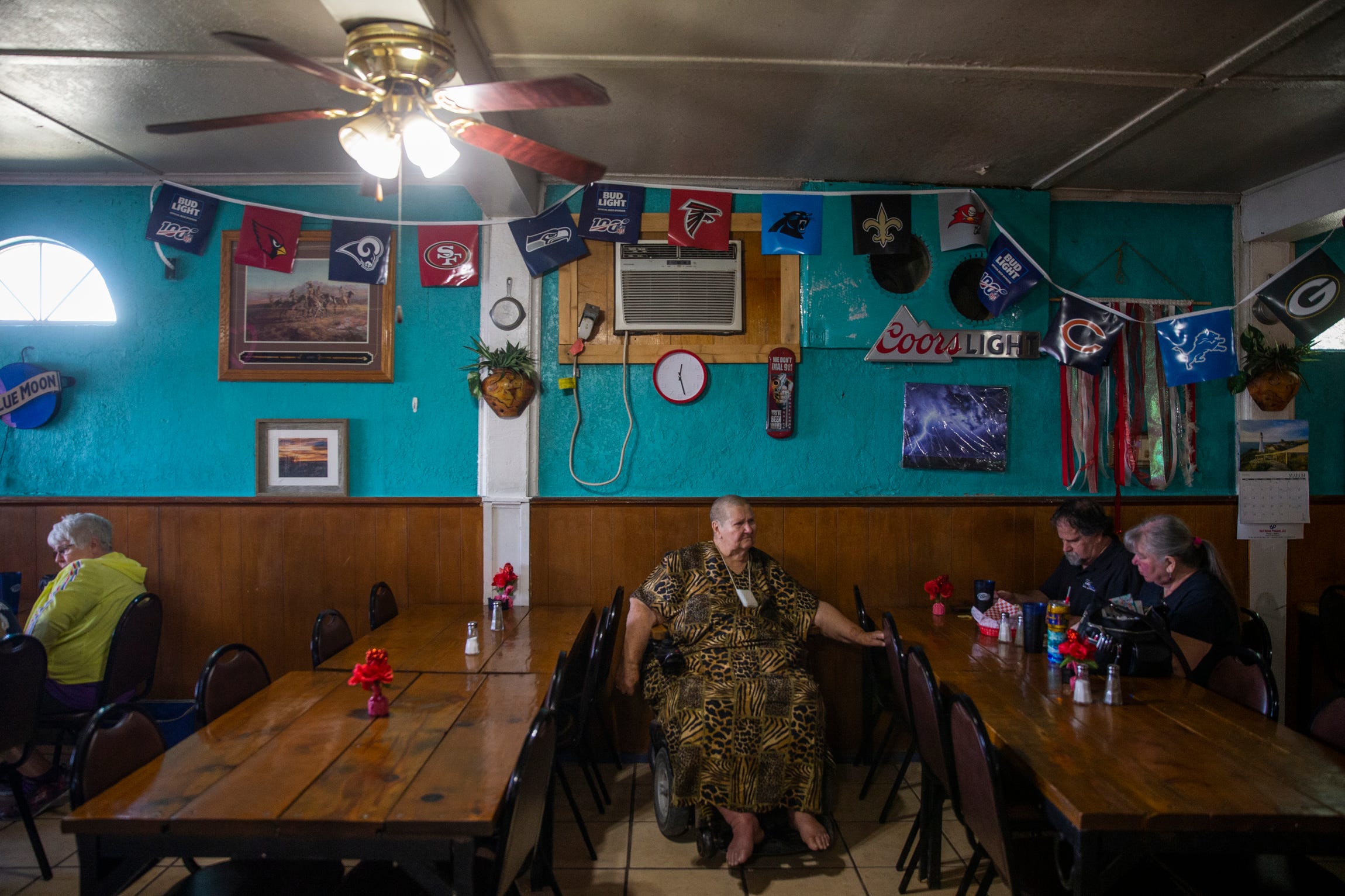 Residents of Dell City frequent the Spanish Angel's Cafe. The owner, Patricia Duran, is also the town's Pro-Tem Mayor. March 29, 2022.