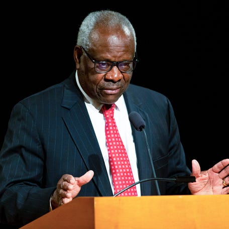 FILE - U.S. Supreme Court Associate Clarence Thomas speaks at the University of Notre Dame in South Bend, Ind., on Sept. 16, 2021. Thomas has been hospitalized because of an infection, the Supreme Court said Sunday, March 20, 2022. Thomas, 73, has been at Sibley Memorial Hospital in Washington, D.C., since Friday, March 18 after experiencing 