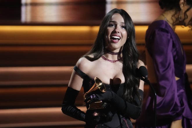 Olivia Rodrigo accepts the award for best new artist during the 64th Annual Grammy Awards at the MGM Grand Garden Arena in Las Vegas.