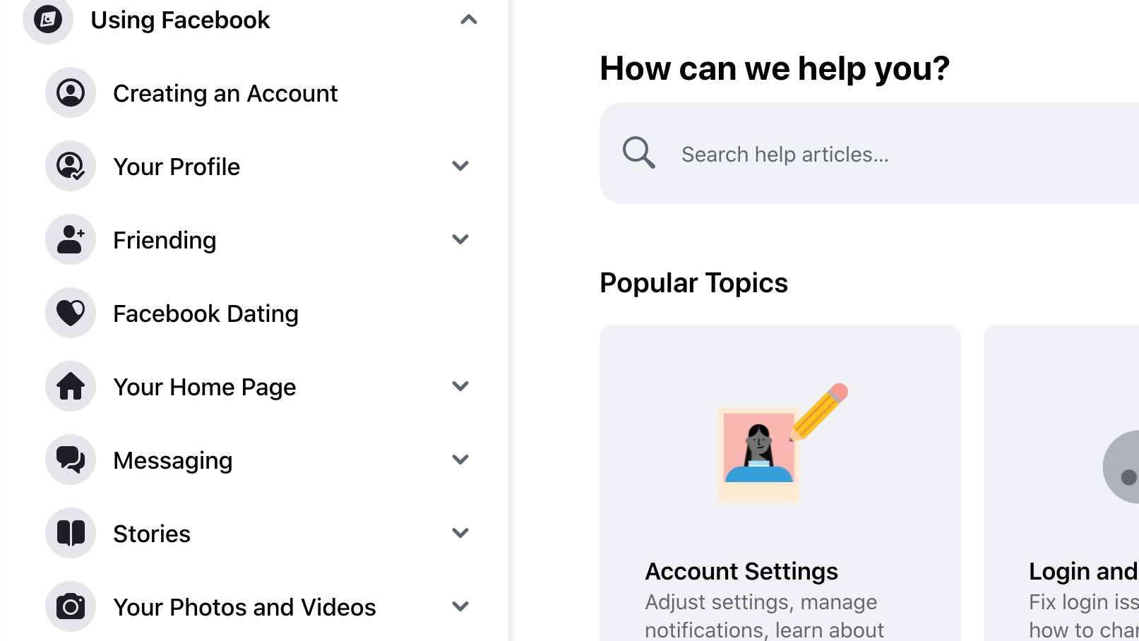 Using Facebook Help Center section