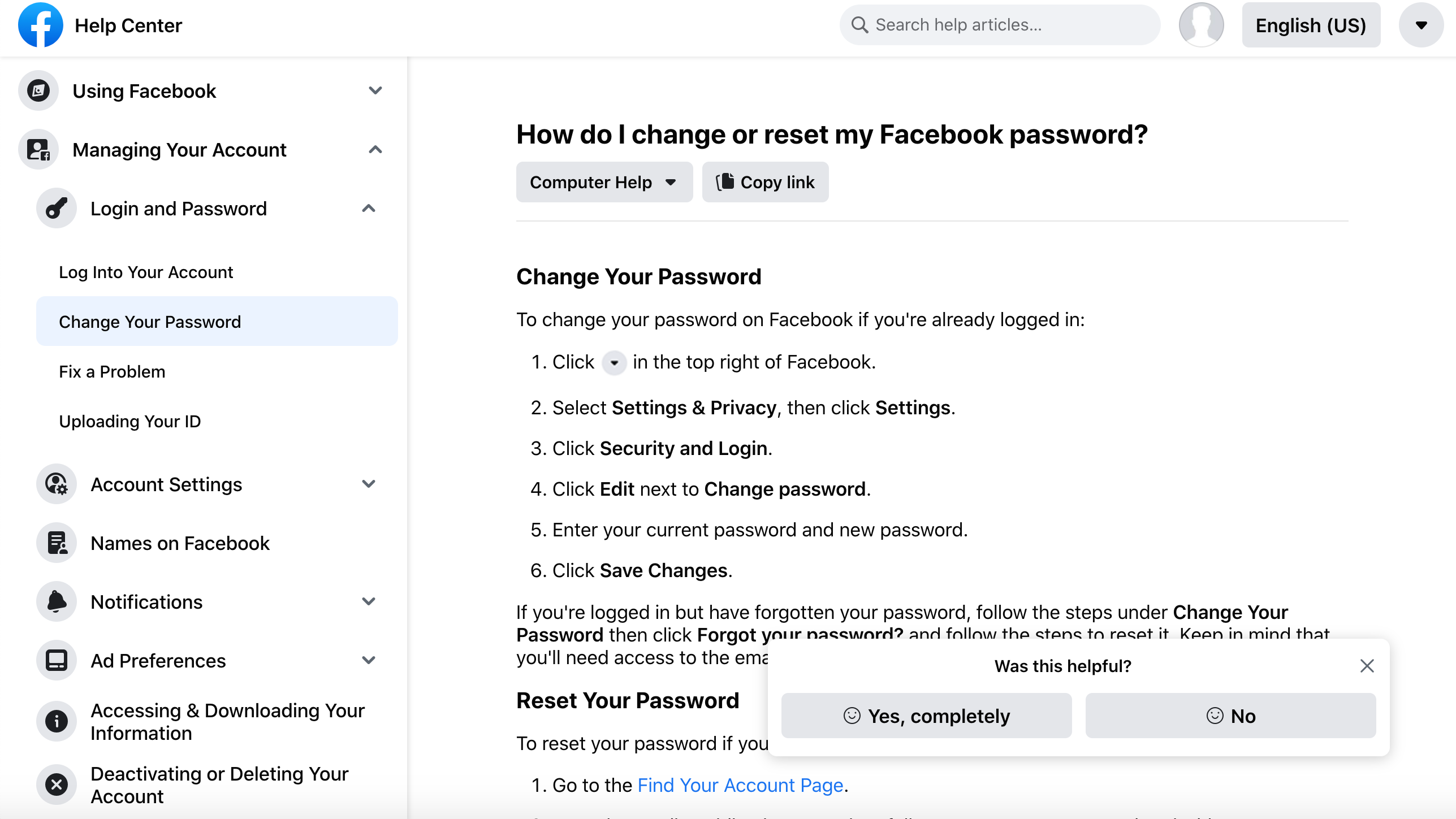 how to search Facebook help center