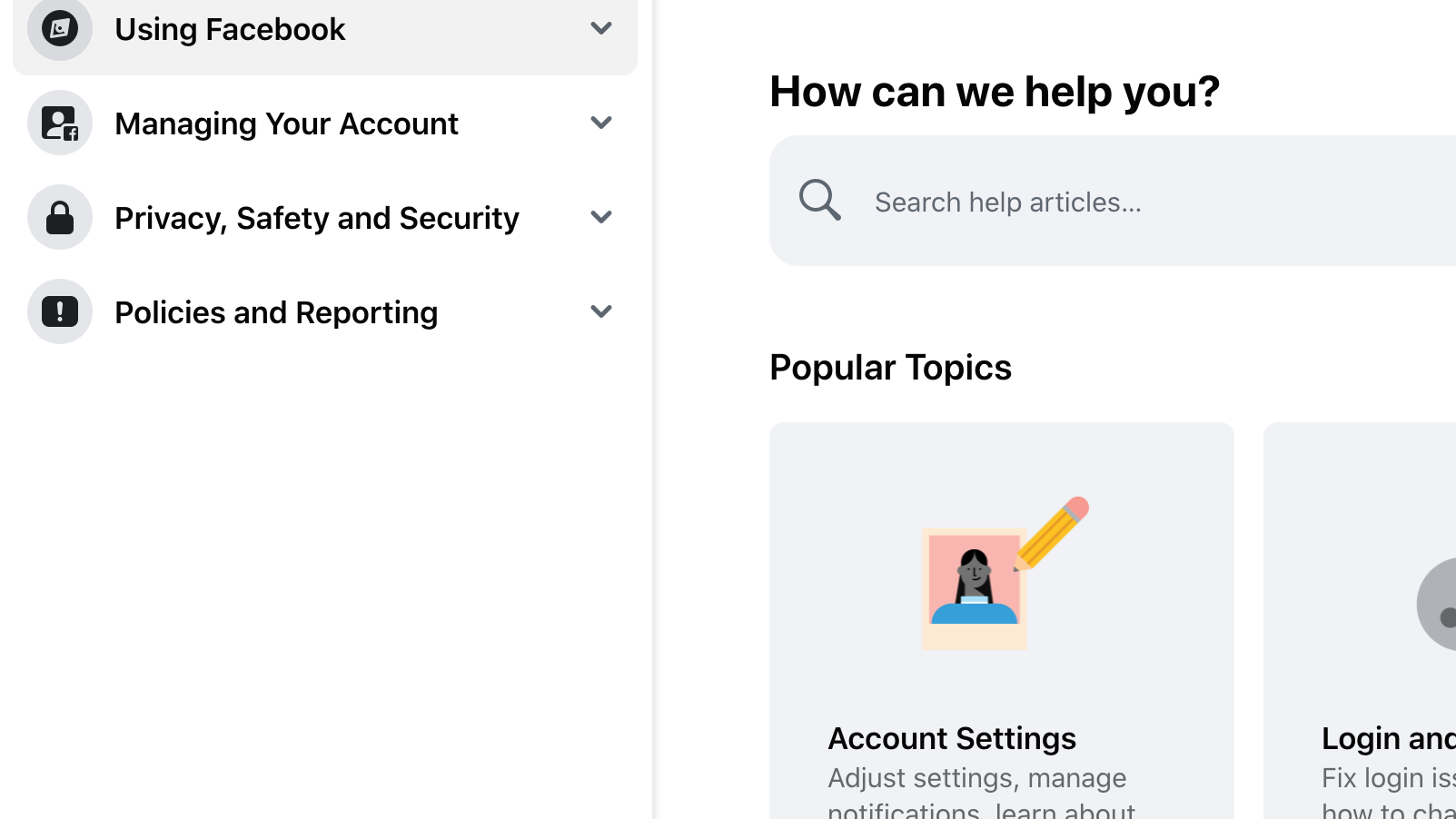 Facebook's Help Center sections