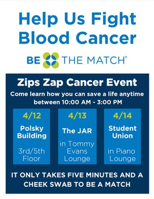 The University of Akron will host a bone marrow donor registry drive on its campus on April 12, 13 and 14. The “Zips Zap Cancer Event” aims to recruit more people into and diversify the Be The Match Registry.
