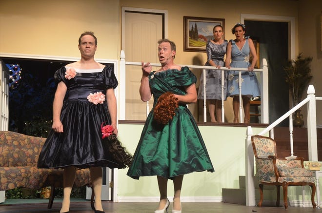 The wigs come off and their scam is revealed when Jack (left, played by Drew Ervin) and Leo (played by Ryan Bailey) slip out of their costumes and are accidentally seen by Meg (left, on the balcony, played by Keren Myers) and Audrey (played by Alisa Hinton). The scene is from the Brownwood Lyric Theatre’s production of Ken Ludwig's comedy “Leading Ladies” that continues in its second week with shows at 2:30 p.m. and 7:30 p.m. Friday; at 7:30 p.m. Saturday; and at 2:30 p.m. Sunday. Tickets to the show, sponsored by Grace Squared and directed by Darlyne Ervin, are $15 for adults and $10 for students. Seats may be reserved online at www.brownwoodlyrictheatre.com.