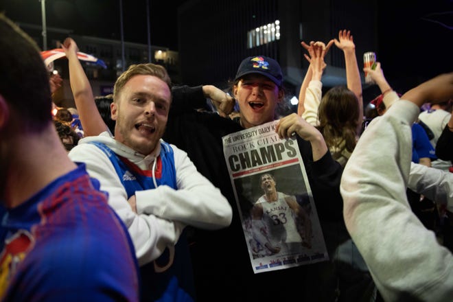 KU fans celebrate in streets of Lawrence after Kansas championship win