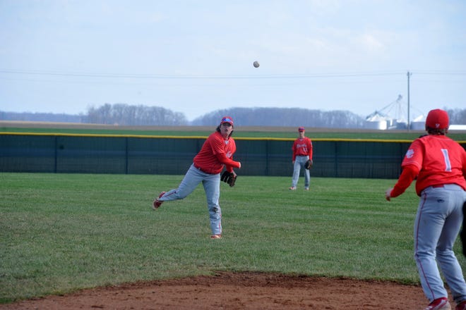 Buckeye Central's Clay Green throws a ball to first for the out.