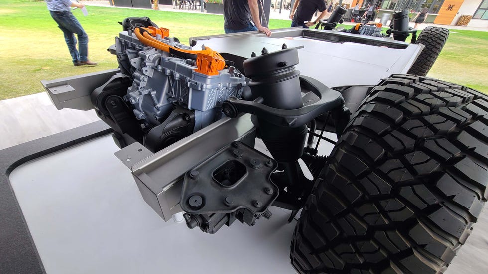 The 2022 GMC Hummer EV First Edition is built on GM's Ultium battery platform. The First Edition has three electric motors - two in the rear - and a steering rack at both ends for all-wheel-steer.