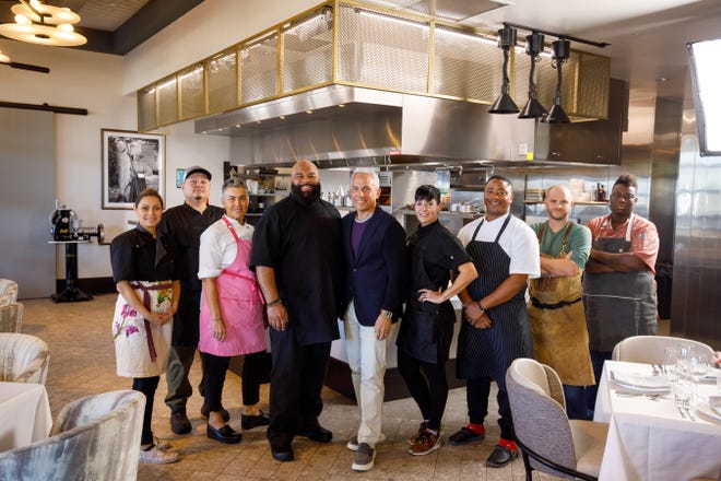Host Geoffrey Zakarian with contestants Jesa Henneberry, Mariana Alvarado, Demetrius Baxter, Coby Farrow, Brett Vibber, Alicia Watson, Torrece Gregoire aka “Chef T”, and Leo Davila as seen on "Big Restaurant Bet," Season 1. The show filmed at the Luminary Hotel in downtown Fort Myers.