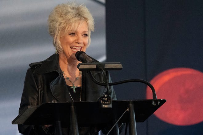 Connie Smith addresses the audience during the Music City Walk of Fame Induction Ceremony at Walk of Fame Park Tuesday, April 5, 2022 in Nashville, Tenn. 