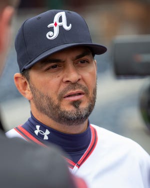 The Reno Aces new manger Gil Velazquez talks with the local press on Media Day Monday, April 4, 2022 in Reno, Nevada.