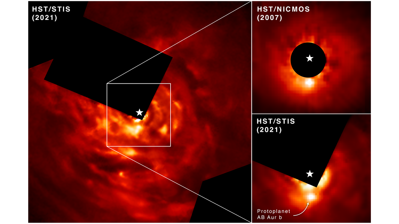 Images of AB Aurigae b from Hubble's Space Telescope Imaging Spectrograph (STIS) and its Near Infrared Camera and Multi-Object Spectrograph (NICMOS).