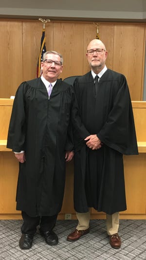 Superior Court Judge David Phillips and Gazette columnist Bill Poteat  in court on Wednesday, April 6.