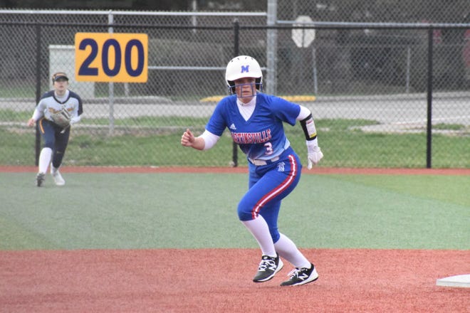 Martinsville's Holly Galyan dashes towards third base during the Artesians' rivalry matchup with Mooresville on April 5, 2022.