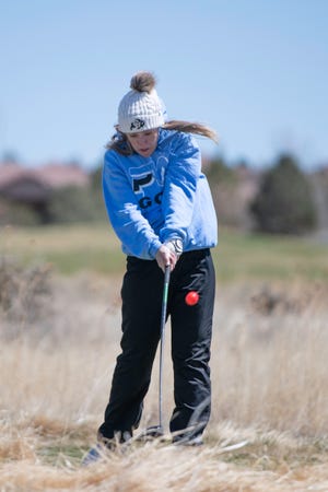 Pueblo West's Gianna Nardini connects on her 10th hole tee shot during the Centennial girls golf tournament at Walking Stick Golf Course on Wednesday, April 6, 2022.