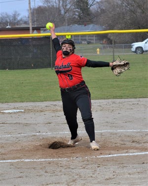 Marshall pitcher Preslee Riddle throws home during action against Lakeview on opening day on Tuesday.
