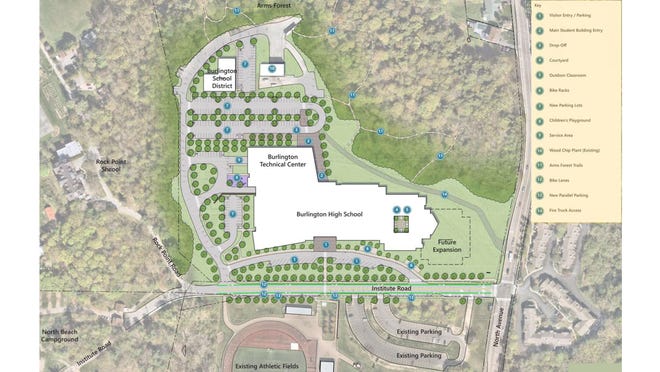 Option B: Burlington High School and Burlington Technical School conceptual design presented to the Burlington School Board on April 5, 2022. The community will be able to weigh in about the five designs through a survey and a public forum on April 12.