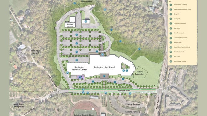 Option C.1: Burlington High School and Burlington Technical School conceptual design presented to the Burlington School Board on April 5, 2022. The community will be able to weigh in about the five designs through a survey and a public forum on April 12.