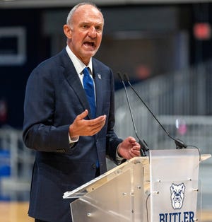 Thad Matta talks at Hinkle Fieldhouse, Wednesday, April 6, 2022, in a ceremony for his second stint as head coach of the men’s basketball program at Butler University. 
