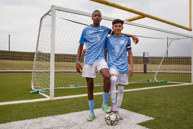 Team captains Bienfait Yonyimiki, left, and Alex Garcia anchor a Northeast back line that has yet to give up a goal in three playoff matches.  The Raiders will compete in their first regional tournament in school history when they face Fort Bend Kempner on Friday at Turner Stadium in Humble.