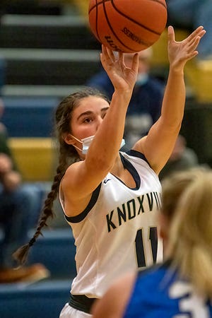 Knoxville High School senior Kynlee Stearns puts up a shot on Thursday, Dec. 2, 2021 in a home game against Bushnell-Prairie City.