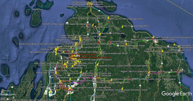 A map of lower northern Michigan shows where the gaps in internet connection are across the region, mapped by the Northern Lakes Economic Alliance Broadband Fiber Consortium. The green represents underground lines built since 2010, the blue represents aerial lines, the yellow shows state highways.