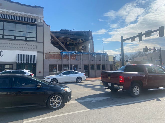 The structure at 1-3 E. Main St., Mooresville stands two years after it partially collapsed after being hit by an EF1 tornado on April 8, 2020.