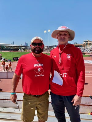 Sweetwater's Harrison Foster (right) poses with track coach Brian Hodnett at the Texas Clyde Littlefield Relays on March 26.