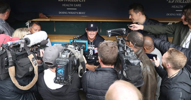Tigers manager AJ Hinch answers questions from reporters April 7, 2022 at Comerica Park during the team's last practice before the next day's season opener Friday against the White Sox.