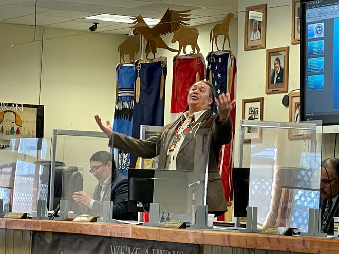 Blackfeet Chairman Timothy Davis speaks at a Tribal Business Council meeting on Thursday. The council voted to remove Davis as chairman following multiple arrests at a home he owns last week.