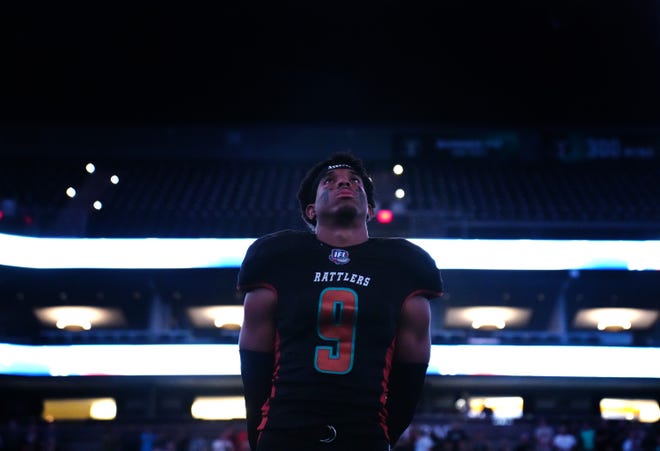 Mar. 19, 2022;  Phoenix, AZ, USA; Rattlers' Kyree Woods (9) listens to the national anthem during the home opener against Duke City at the Footprint Center.