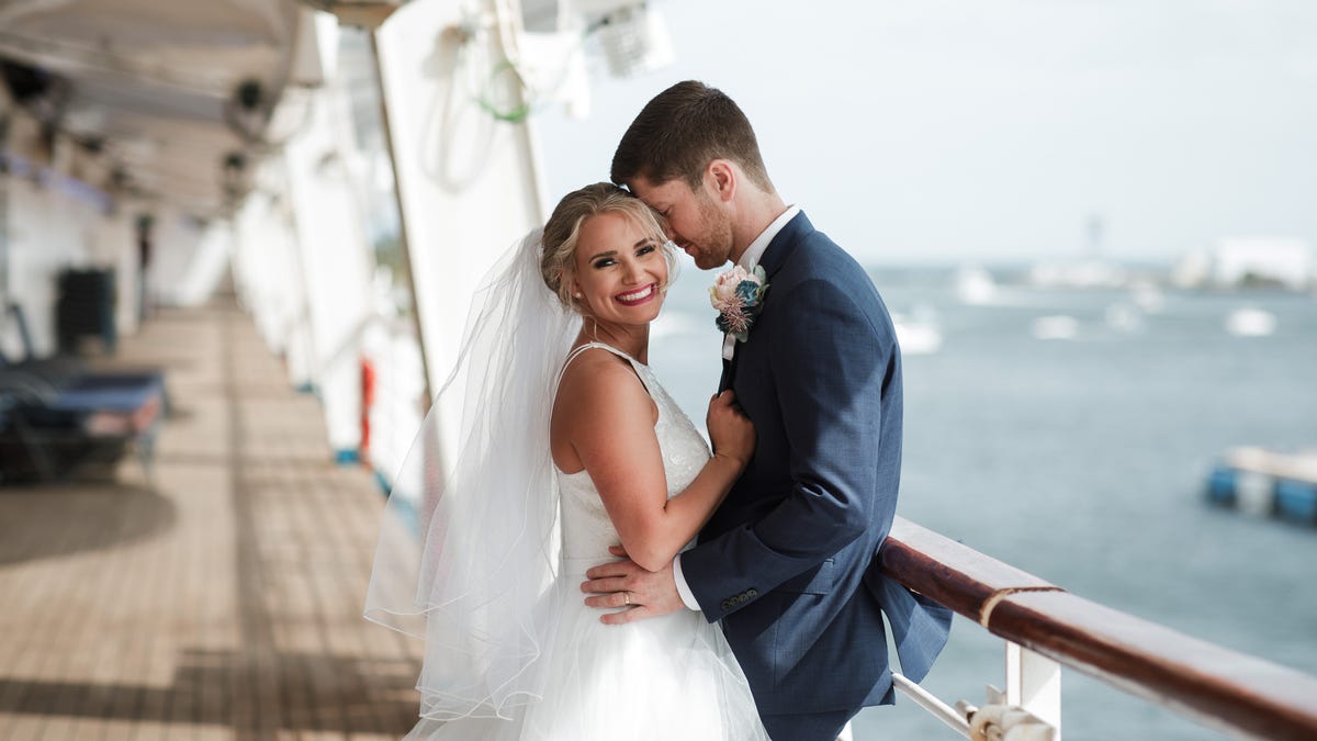 Macy Reeves and her husband, Michael, married on board Carnival Cruise Line's Carnival Sunrise ship on Feb. 8, 2020. At the time of the ceremony, the ship was docked in Fort Lauderdale, Florida.